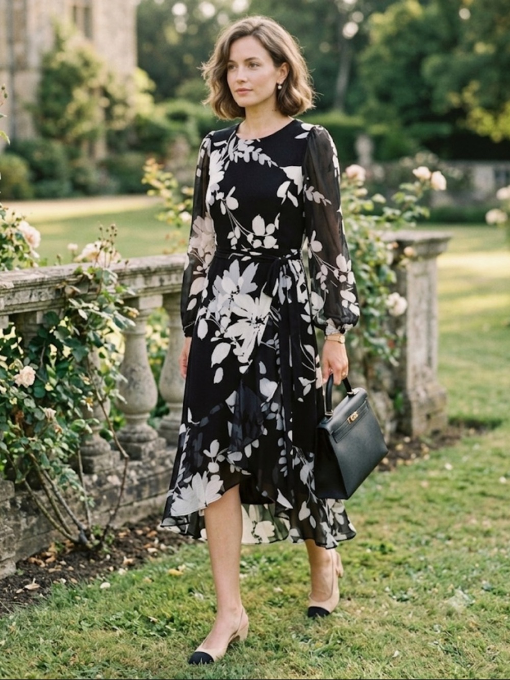NWT Tommy Hilfiger Black White Floral Long Sheer Sleeve Midi Dress Size 12